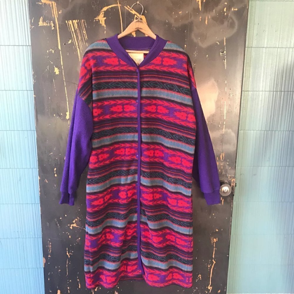 Vintage Erica Taylor Fleece Shacket M Tunic Length 90s Southwest Print Button